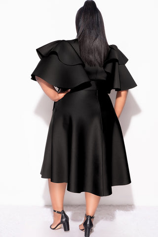 Final Plus Size Dress with Ruffle Sleeve and Tie in Black Scuba