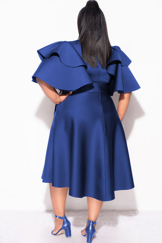 Final Plus Size Dress with Ruffle Sleeve and Tie in Royal Blue Scuba