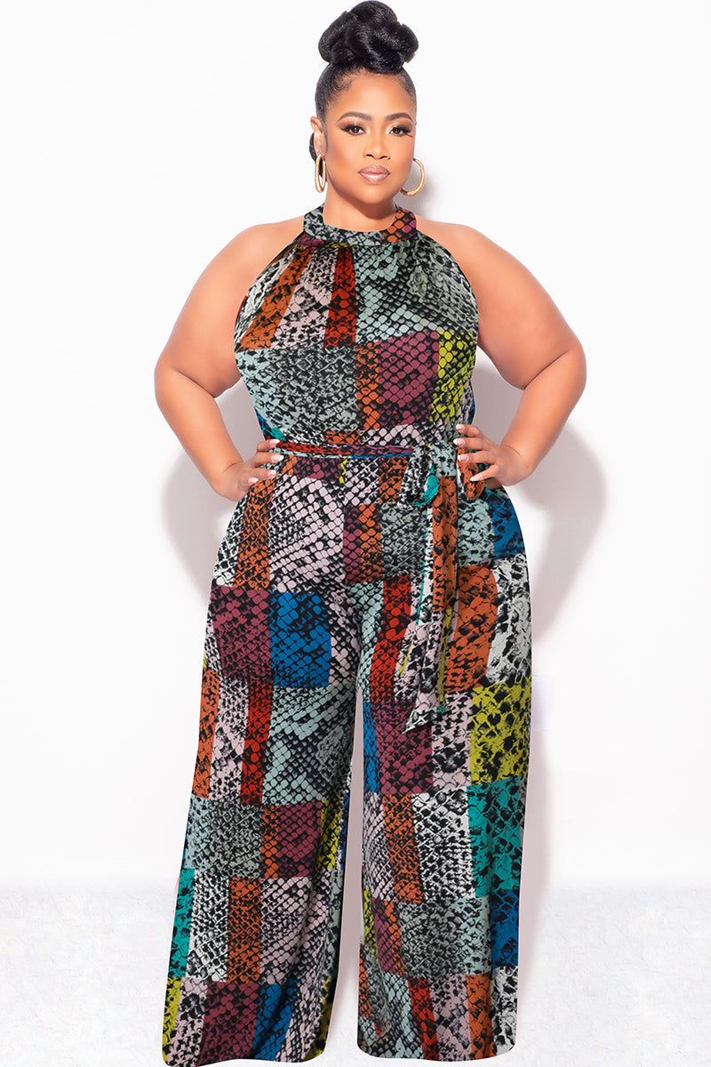 Final Sale Plus Size Halter Jumpsuit with Attached Tie Belt in Multi Color Snake Skin Print