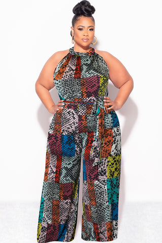 Final Sale Plus Size Halter Jumpsuit with Attached Tie Belt in Multi Color Snake Skin Print