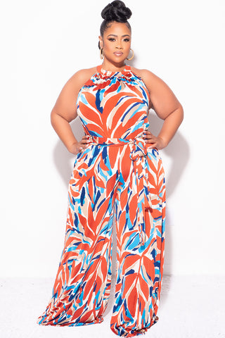 Final Sale Plus Size Halter Jumpsuit with Attached Tie Belt in Blue and Rust Print