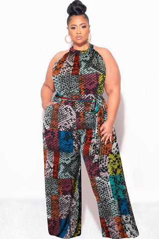 Final Sale Plus Size Halter Jumpsuit with Attached Tie Belt in Multi Color Snake Skin Print