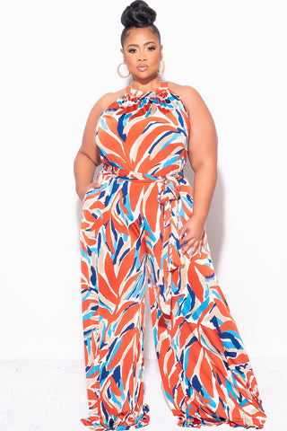 Final Sale Plus Size Halter Jumpsuit with Attached Tie Belt in Blue and Rust Print