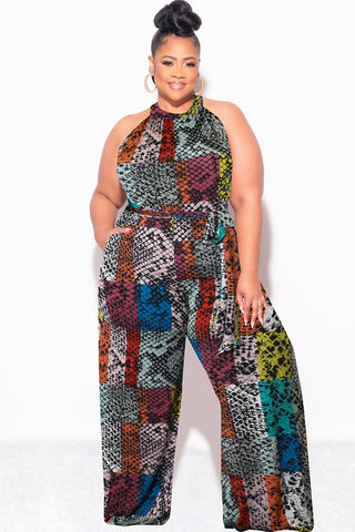 Final Sale Plus Size Halter Jumpsuit with Attached Tie Belt in Multi Color Snake Skin Print