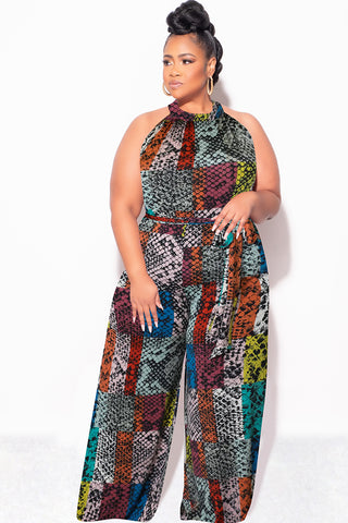 Final Sale Plus Size Halter Jumpsuit with Attached Tie Belt in Multi Color Snake Skin Print