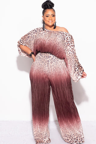 Final Size 2pc Pleated Off the Shoulder ColorBlock Top and Pants Set in Animal Print and Brown