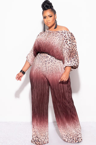 Final Size 2pc Pleated Off the Shoulder ColorBlock Top and Pants Set in Animal Print and Brown
