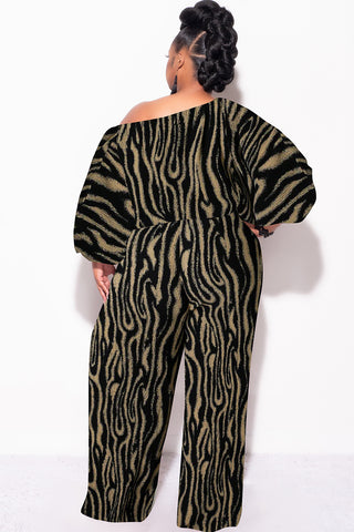 Final Size 2pc Pleated Off the Shoulder Top and Pants Set in Black and Tan