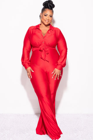 Final Sale Plus Size Shiny 2pc Collar Button Up Crop Tie Top and Bell Bottom Pants Set in Red