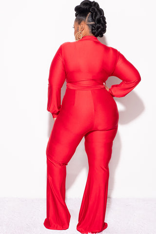 Final Sale Plus Size Shiny 2pc Collar Button Up Crop Tie Top and Bell Bottom Pants Set in Red