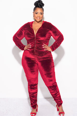 Final Sale Plus Size 2pc Ruched Hooded Zip-Up Top and Pants Set in Burgundy Velvet