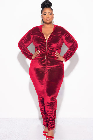 Final Sale Plus Size 2pc Ruched Hooded Zip-Up Top and Pants Set in Burgundy Velvet