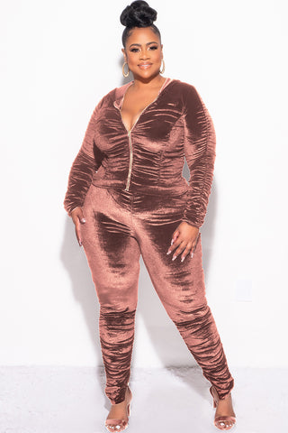 Final Sale Plus Size 2pc Ruched Hooded Zip-Up Top and Pants Set in Brown Velvet