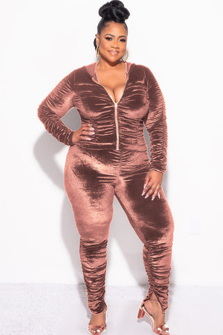 Final Sale Plus Size 2pc Ruched Hooded Zip-Up Top and Pants Set in Brown Velvet