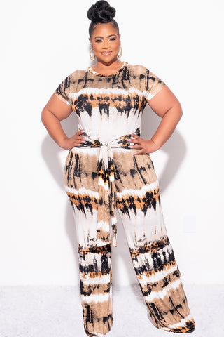 Final Sale Plus Size 2-Piece Short Sleeve Tie Top and Pants Set in Ivory, Tan, Mustard and Black