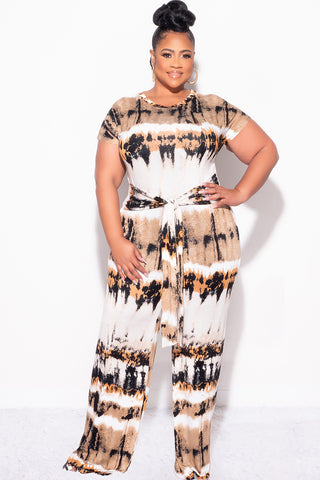 Final Sale Plus Size 2-Piece Short Sleeve Tie Top and Pants Set in Ivory, Tan, Mustard and Black