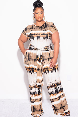 Final Sale Plus Size 2-Piece Short Sleeve Tie Top and Pants Set in Ivory, Tan, Mustard and Black