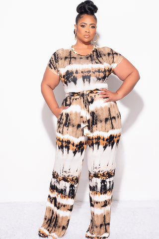 Final Sale Plus Size 2-Piece Short Sleeve Tie Top and Pants Set in Ivory, Tan, Mustard and Black