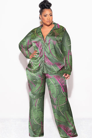 Final Sale Plus Size 2pc Satin Lounge Set in Pink & Green Leaf Print