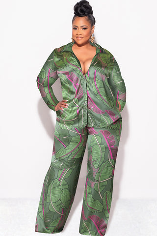 Final Sale Plus Size 2pc Satin Lounge Set in Pink & Green Leaf Print