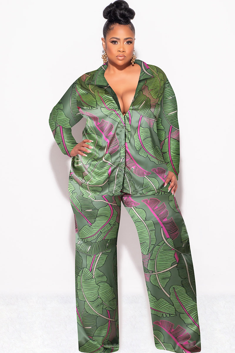 Final Sale Plus Size 2pc Satin Lounge Set in Pink & Green Leaf Print