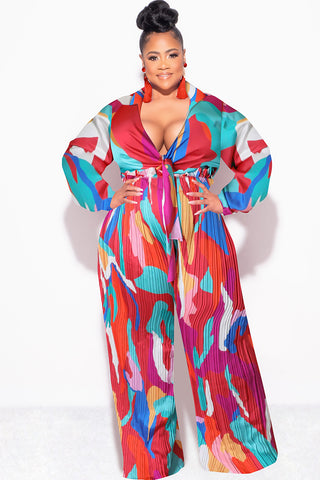 Final Sale Plus Size 2pc Satin Collar Tie Crop Top and Palazzo Pleated Pants in Multi Color Design Print
