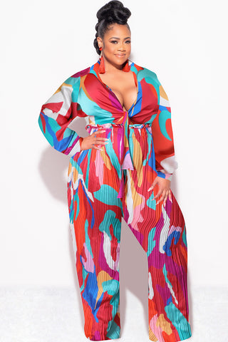 Final Sale Plus Size 2pc Satin Collar Tie Crop Top and Palazzo Pleated Pants in Multi Color Design Print