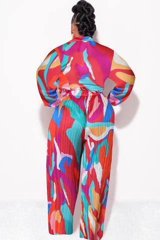 Final Sale Plus Size 2pc Satin Collar Tie Crop Top and Palazzo Pleated Pants in Multi Color Design Print