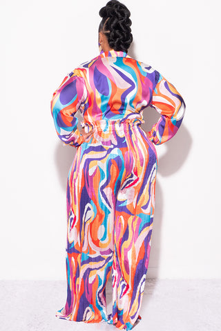 Final Sale Plus Size 2pc Satin Collar Tie Crop Top and Palazzo Pleated Pants in Multi Color Design Print