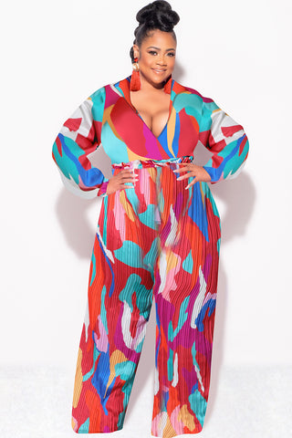 Final Sale Plus Size 2pc Satin Collar Tie Crop Top and Palazzo Pleated Pants in Multi Color Design Print