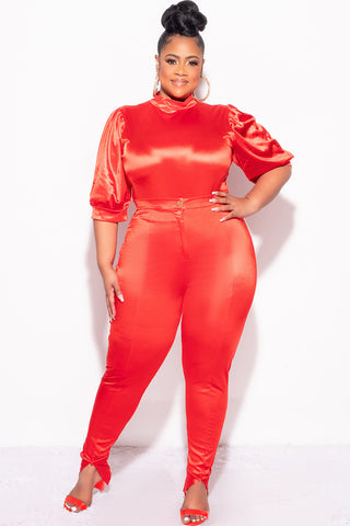 Final Sale Plus Size 2pc Satin Puffy Short Sleeve Bodysuit and Pants Set in Red