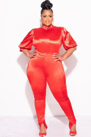 Final Sale Plus Size 2pc Satin Puffy Short Sleeve Bodysuit and Pants Set in Red