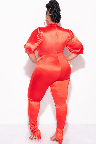 Final Sale Plus Size 2pc Satin Puffy Short Sleeve Bodysuit and Pants Set in Red