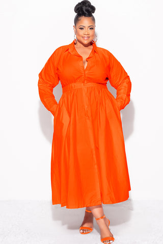 Final Sale Plus Size Long Sleeve Collar Button Up Dress in Orange
