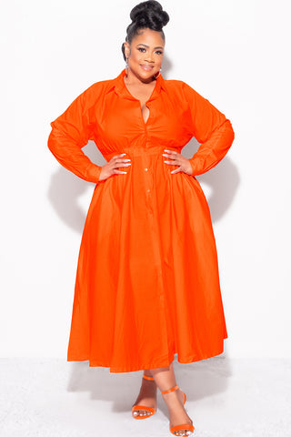 Final Sale Plus Size Long Sleeve Collar Button Up Dress in Orange