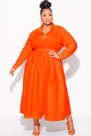Final Sale Plus Size Long Sleeve Collar Button Up Dress in Orange
