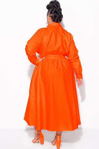Final Sale Plus Size Long Sleeve Collar Button Up Dress in Orange