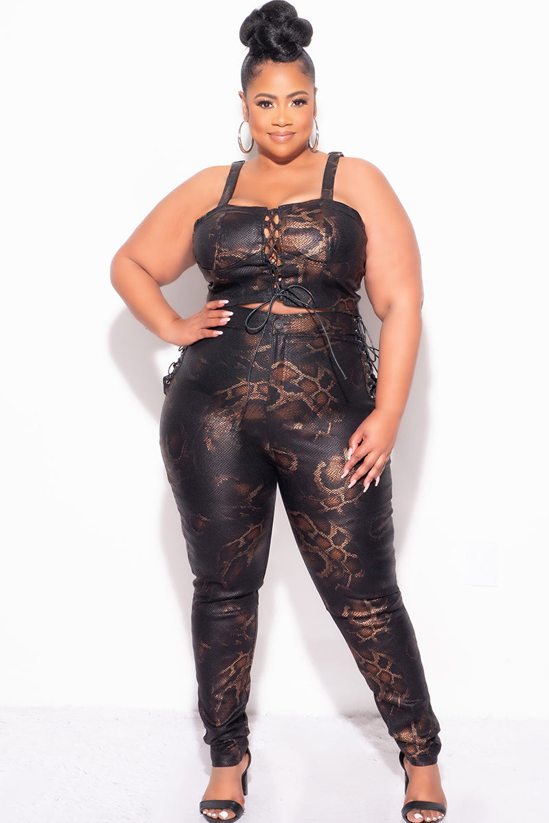 Final Sale Plus Size 2pc Pants Set in Snake Print With Lace Up Detail