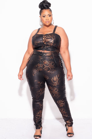 Final Sale Plus Size 2pc Pants Set in Snake Print With Lace Up Detail