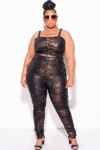 Final Sale Plus Size 2pc Pants Set in Snake Print With Lace Up Detail
