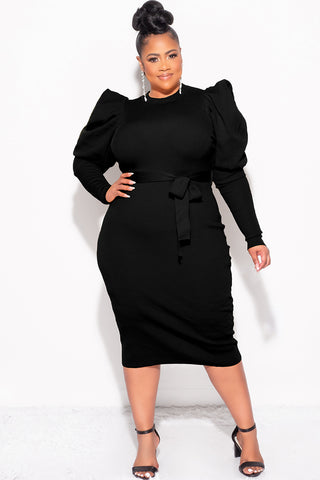 Final Sale Plus Size “Sonya Dress” - Puffy Sleeve Ribbed BodyCon Dress with Waist Tie in Black