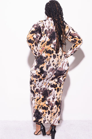 Final Sale Plus Size Reversible Bodycon Dress in Brown Black White and Gold Spot Print