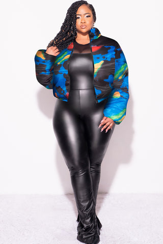 Final Sale Plus Size Shiny Crop Puffer Jacket in Royal Blue Black Red and Green