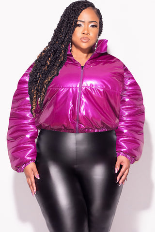 Final Sale Plus Size Shiny Crop Puffer Jacket in Purple