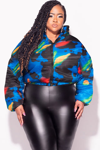 Final Sale Plus Size Shiny Crop Puffer Jacket in Royal Blue Black Red and Green