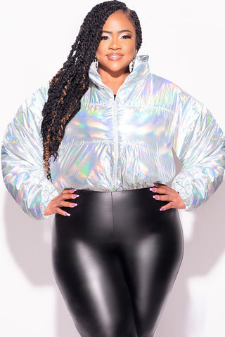 Final Sale Plus Size Shiny Crop Puffer Jacket in Silver Iridescent
