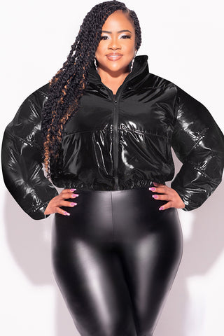 Final Sale Plus Size Shiny Crop Puffer Jacket in Black