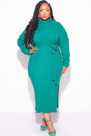 Final Sale Plus Size Long Sleeve Turtleneck Dress with Waist Tie and Slit in Green