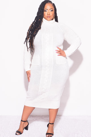 Final Sale Plus Size Warm & Cozy Turtle Neck Sweater Dress in Ivory / Off White