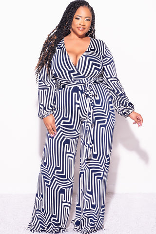 Final Sale Plus Size Faux Wrap Jumpsuit with Tie in Navy and White Design Print
